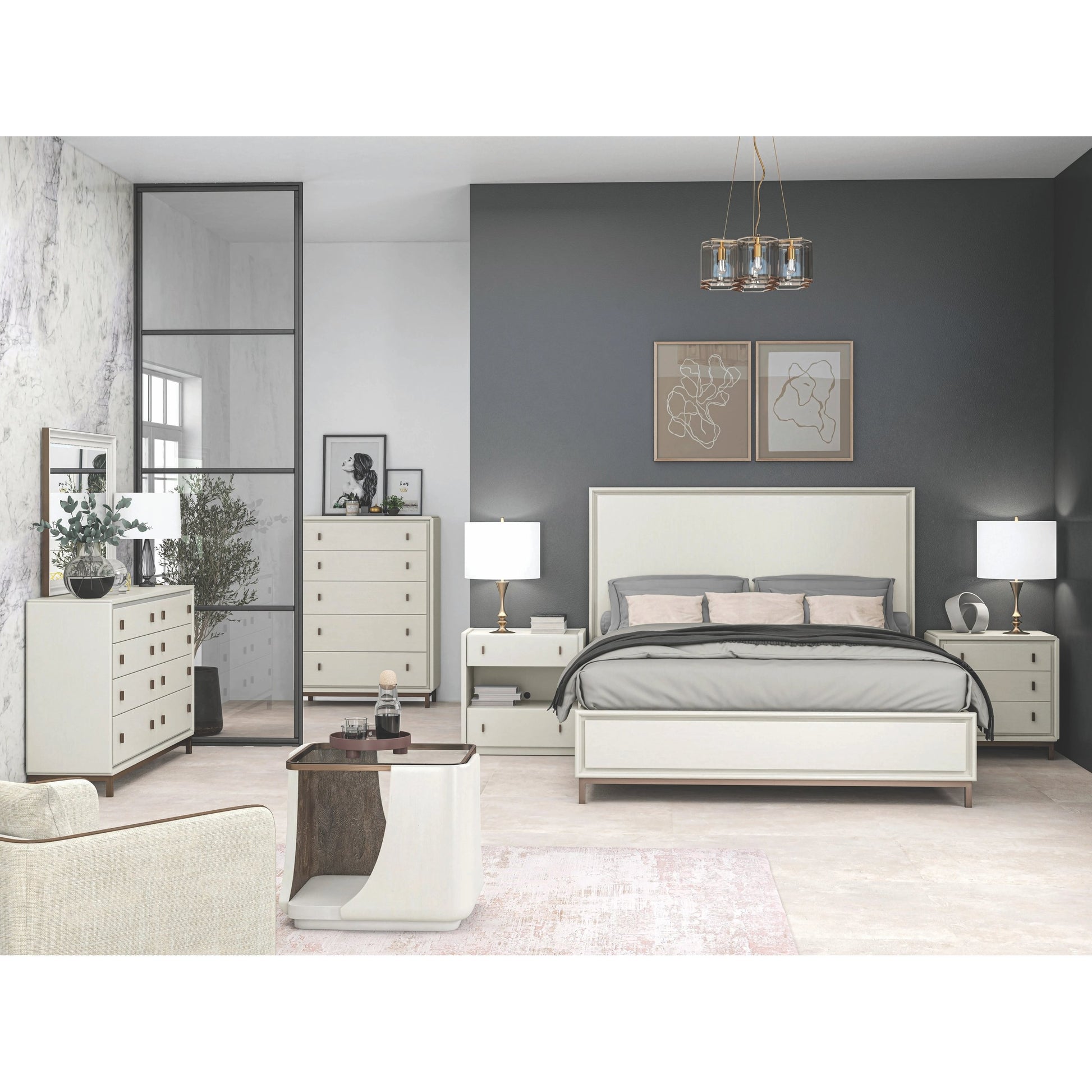 Blanc Panel Bed by A.R.T. Furniture in alabaster, burnished bronze. Made from parawood solids, maple veneers, metal in a modern style.