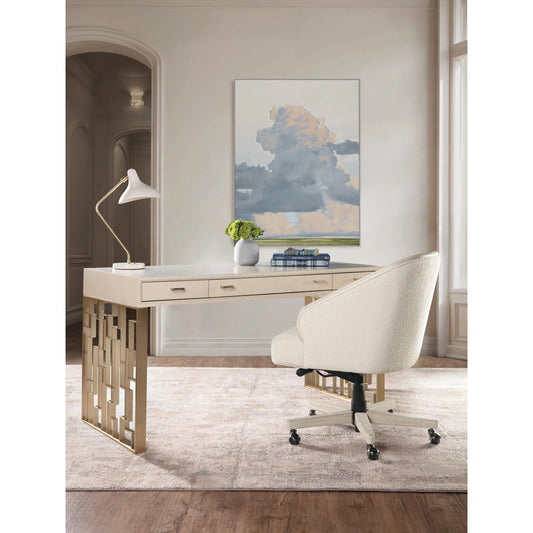 Marlowe Writing Desk by Hooker Furniture in light wood and polished limestone, quartered oak veneers. Made from white oak solids, white oak veneers, metal in a unique style.
