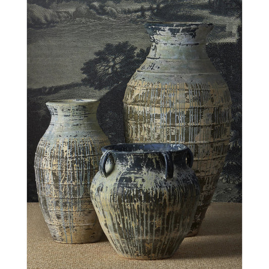 Ragusa Urn by Currey and Company in antique white, blue drip. Made from terracotta in a rustic style.