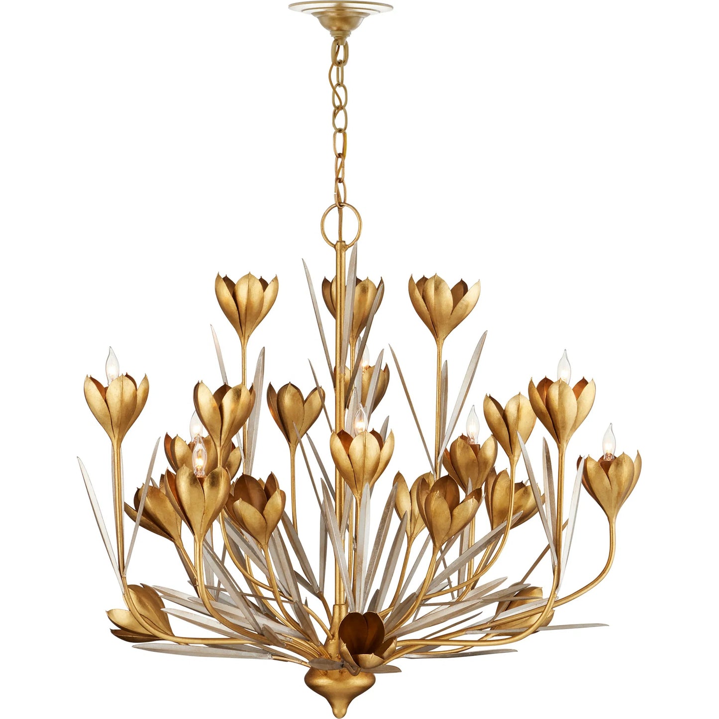 003 SI-2191742 | Additional Silo | Hortensia Chandelier by Currey and Company in contemporary gold leaf, contemporary gold, contemporary silver leaf. Made from wrought iron in a modern style.