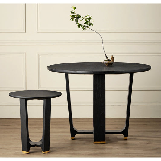 Blake Accent Table by Currey and Company in matte caviar black, polished brass. Made from mindi wood, brass in a modern style.