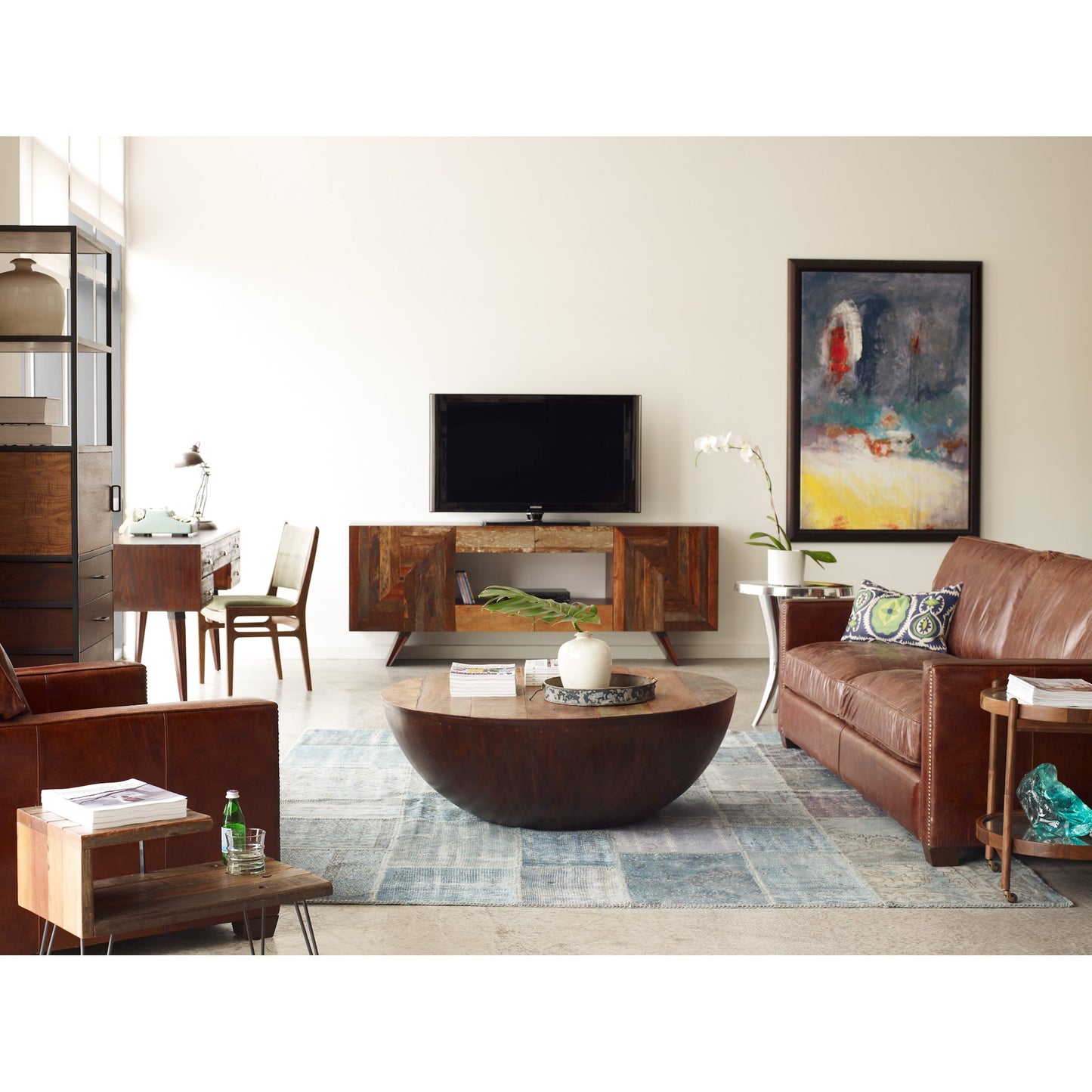 007 SR-369104 | Lifestyle | Larkin Sofa by Four Hands in cigar, antique oak, antique brass nailhead. Made from top grain leather, solid ash, iron in a modern style.