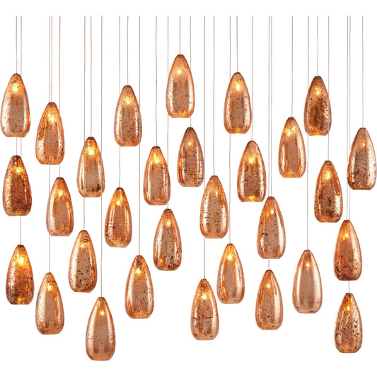 Rame 30-LIGHT Multi-Drop Pendant by Currey and Company in copper, silver. Made from antique copper, glass in a transitional style.