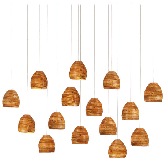 Beehive Rectangular 15-LIGHT Multi-Drop Pendant by Currey and Company in natural rattan, silver. Made from rattan, wood in a modern style.