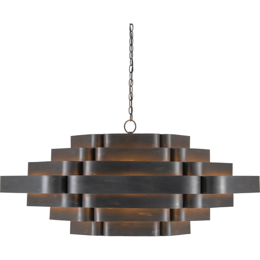 Bailey Chandelier by Currey and Company in french black, contemporary gold leaf. Made from wrought iron in a modern style.