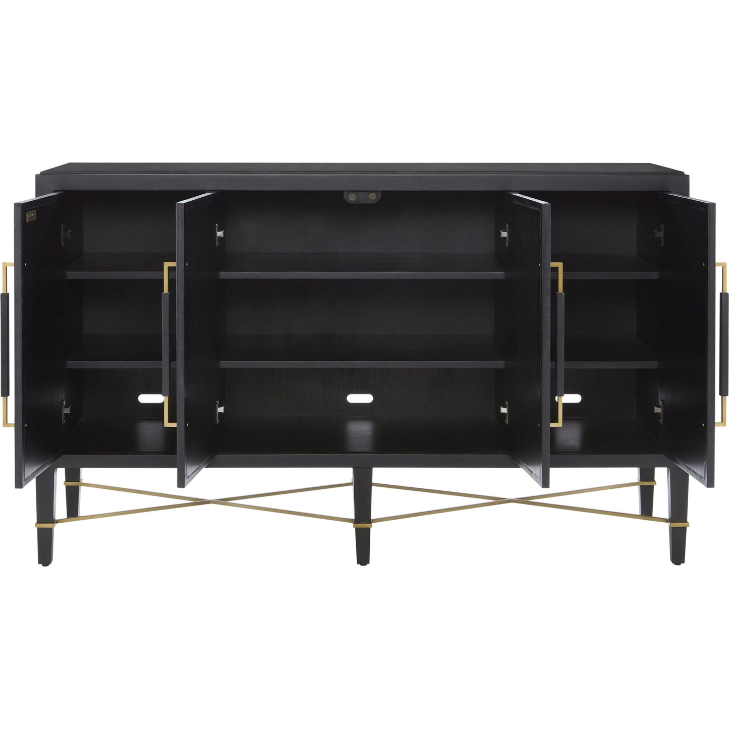 009 S-222770 | Additional Silo | Verona Sideboard by Currey and Company in black lacquered linen, champagne stretchers, linen wrapped cha. Made from solid wood, engineered hardwood in a transitional style.