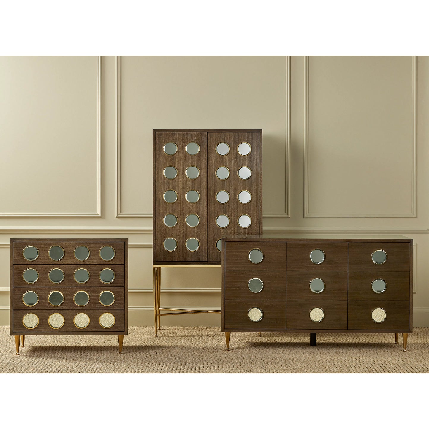 009 SI-2191692 | Lifestyle | Colette Chest by Currey and Company in tawny brown, polished brass, mirror, rose. Made from figured eucalyptus, stainless steel, glass, faux velvet in a modern style.