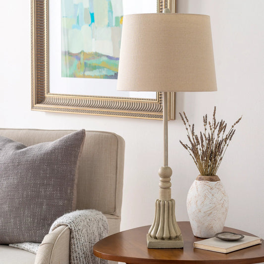 Cher Lamp - by Surya in white, cream, beige, translucent and antiquedantiquedantiqued. Made from linen, acrylic, metal in a cottage & farmhouse style.