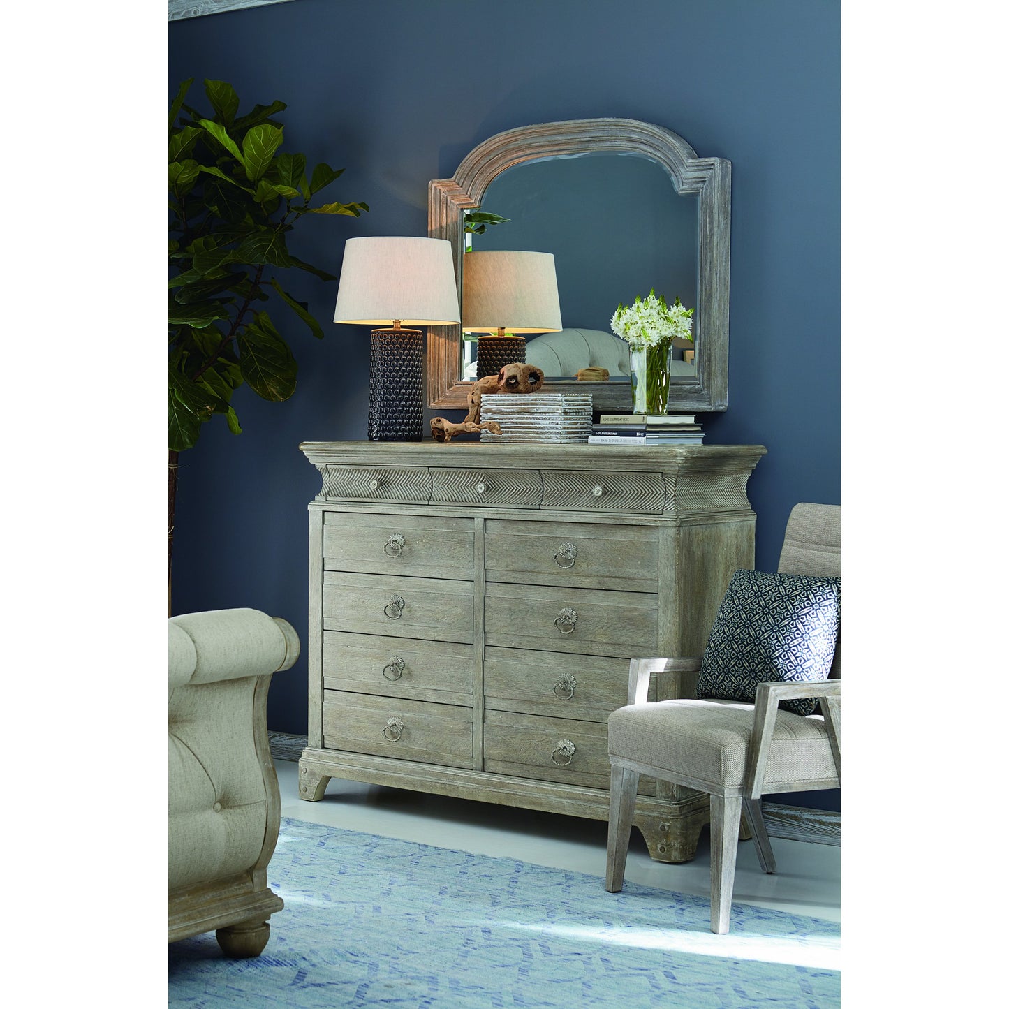 003 SR-882110 | Lifestyle | Summer Creek Smith's Bayou Mirror by A.R.T. Furniture in gray and scrubbed oak. Made from flakey cathedral oak veneer, parawood solids, glass in a cottage & farmhouse style.