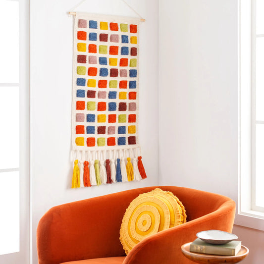 Colorful Grid Wall Hanging - 30836 by Livabliss in pearl, ivory, garnet, ink, brass. Made from main: 70% wool, main: 20% polyester, main: 10% cotton, rod: wood in a modern style.