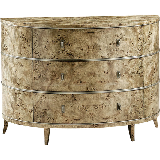 001 SI-2186374 | Primary Silo | Reimagined Fulgurite Mappa Burl Demilune by Jonathan Charles in golden amber. Made from mappa burl veneer, brass hardware in a modern style.