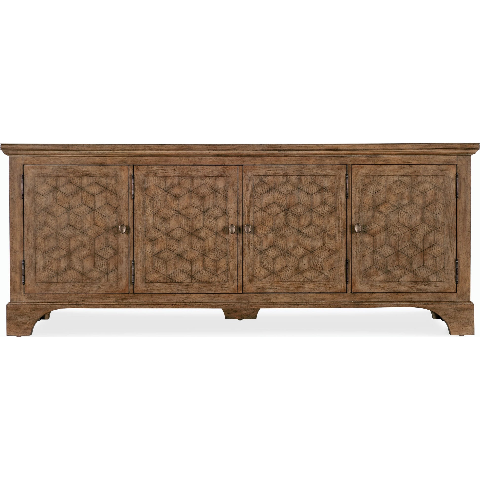 Americana Entertainment Credenza by Hooker Furniture in honey. Made from oak veneers with solid-wood edge top in a traditional style.