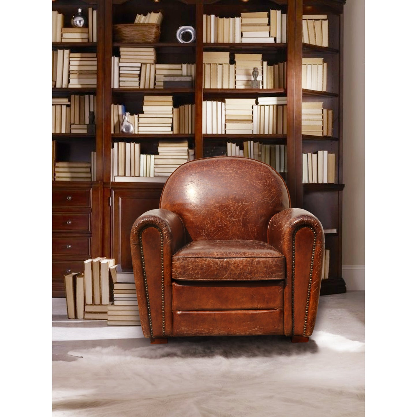 006 SR-702402 | Lifestyle | Genuine Paris Club Chair by Pasargad Home in brown. Made from leather in a rustic style.