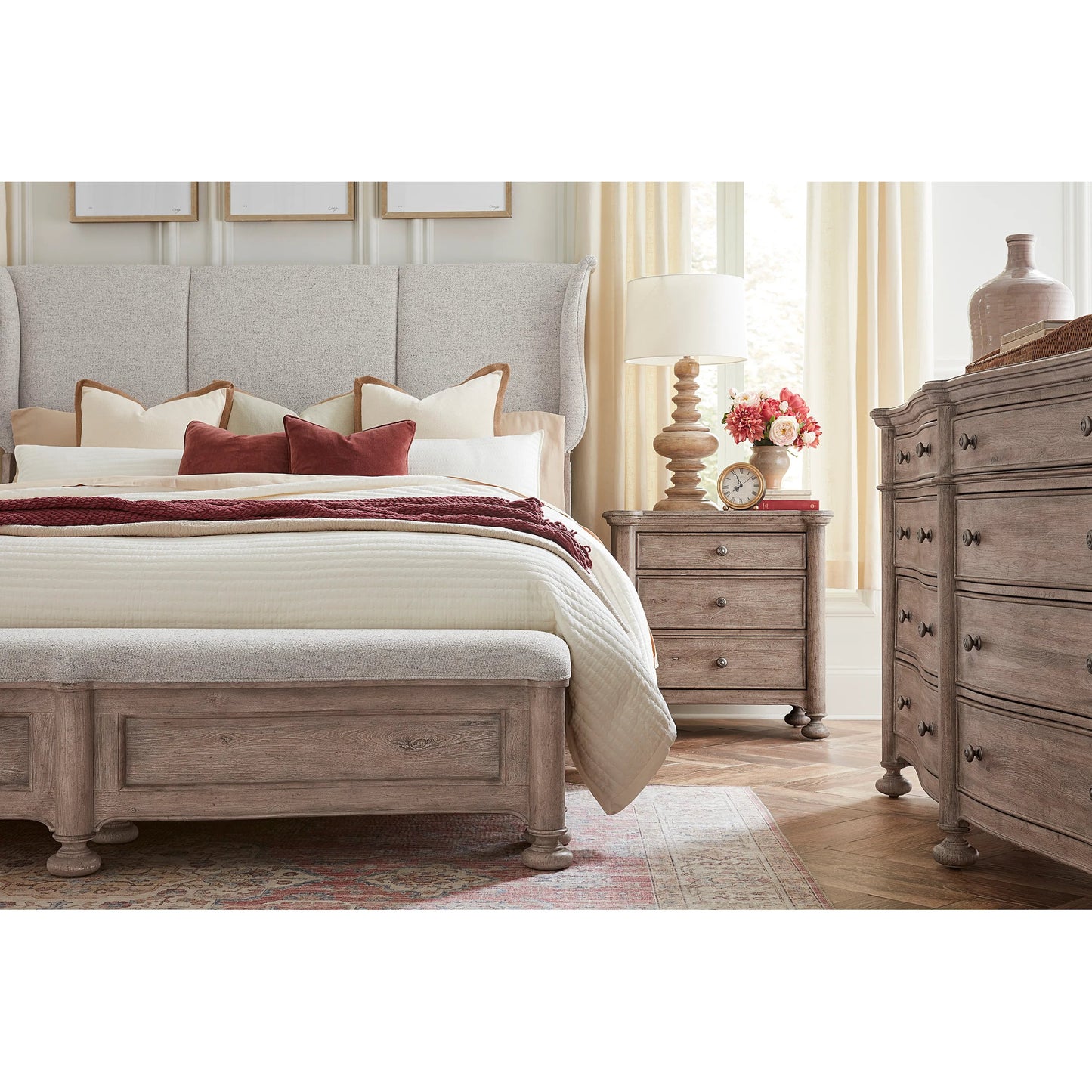 005 SI-2222963 | Lifestyle | Higgins Street 3-Drawer Nightstand with USB-C ports by Pulaski Furniture in brown and woodland stone. Made from unique in a unique style.