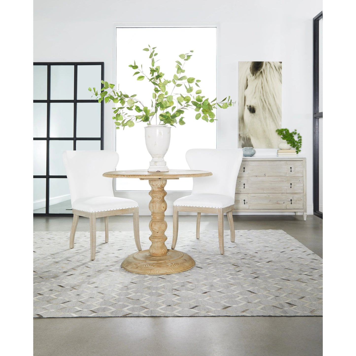030 SR-789351 | Lifestyle | Chelsea Dining Table by Essentials For Living in smoke gray. Made from solid reclaimed pine, reclaimed pine veneer in a cottage & farmhouse style.