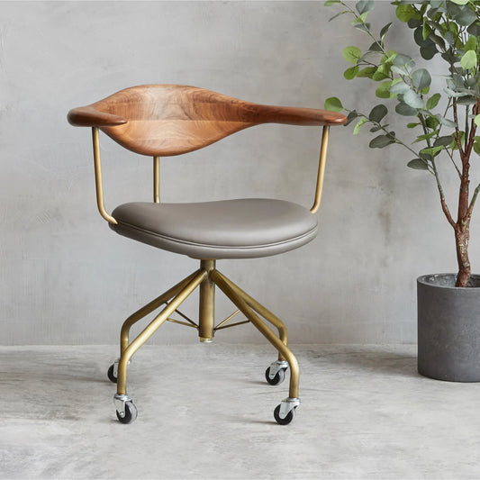 Covey Swivel Arm Chair by Zentique in bronze steel, brown wood, grey pu. Made from steel, wood, pu leather in a transitional style.