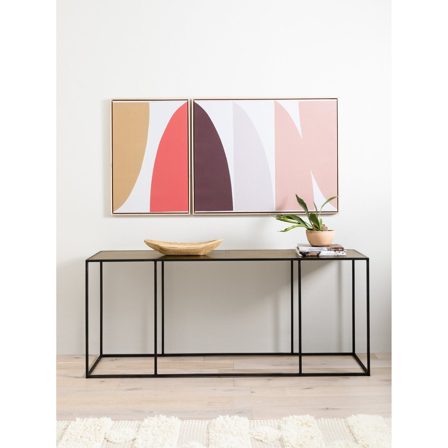 010 S-279462 | Lifestyle | Phillip Console Table by Four Hands in bright brass clad, dark antique bronze and dark antique bronze, bright brass clad. Made from brass, iron, poplar plywood in a modern style.