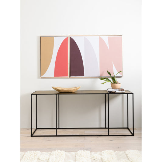 Phillip Console Table by Four Hands in bright brass clad, dark antique bronze and dark antique bronze, bright brass clad. Made from brass, iron, poplar plywood in a modern style.