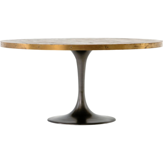 Evans Round Dining Table by Four Hands in reclaimed burnt oak, vessel grey, polished brass. Made from solid reclaimed oak, iron, stainless steel in a modern style.