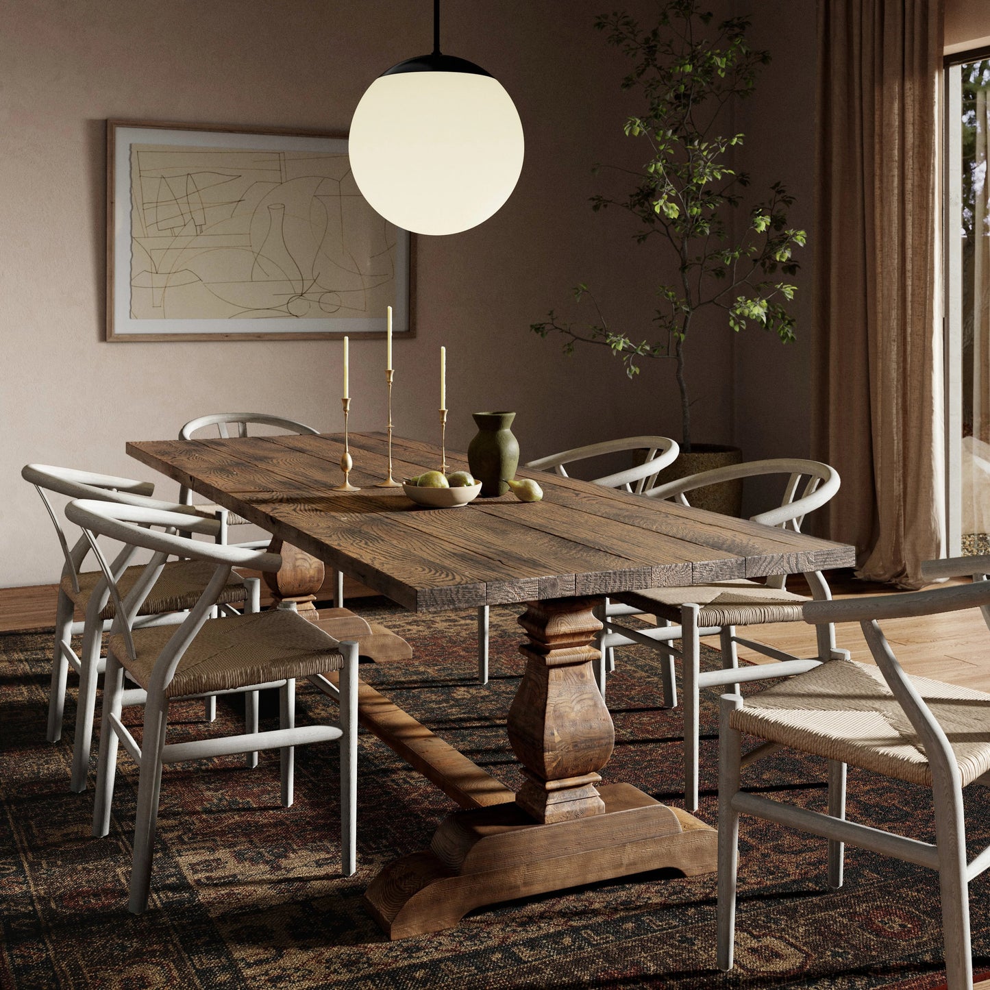 020 S-279283 | Lifestyle | Durham Dining Table by Four Hands in bleached oak and waxed bleached fir, bleached oak. Made from solid reclaimed pine, solid pine in a cottage & farmhouse style.
