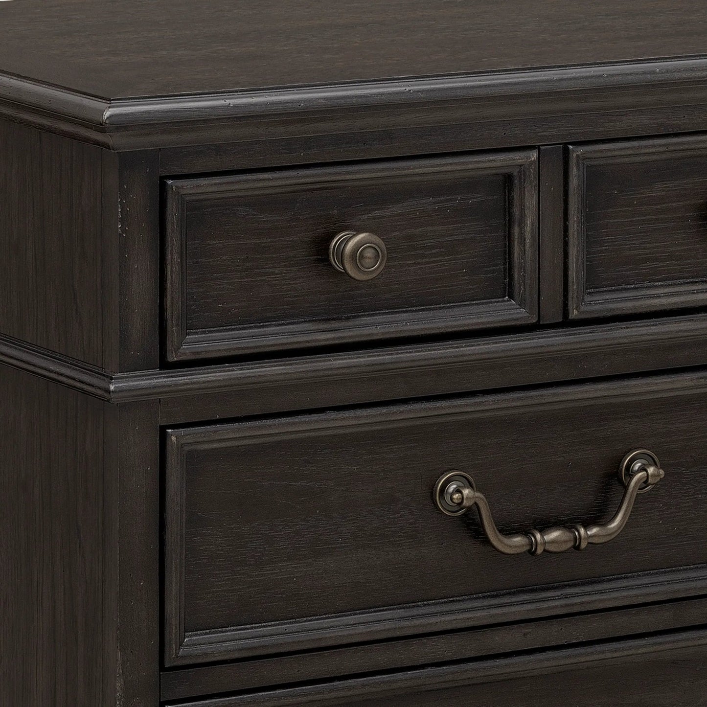 005 SI-2383573 | Closeup | Hickory Creek 3 Drawer Nightstand by Pulaski Furniture in brown velvet. Made from split heart cathedral hickory veneers in a unique style.