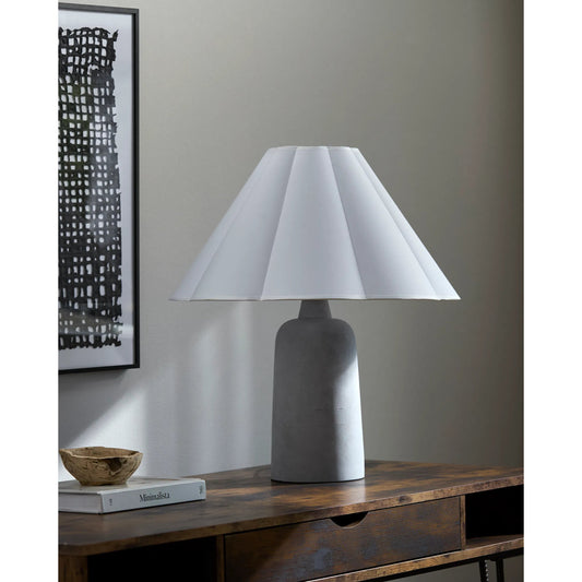 Coja Accent Table Lamp by Livabliss in body: gray; shade: white; cord: black and hand painted. Made from concrete, cotton in a modern style.