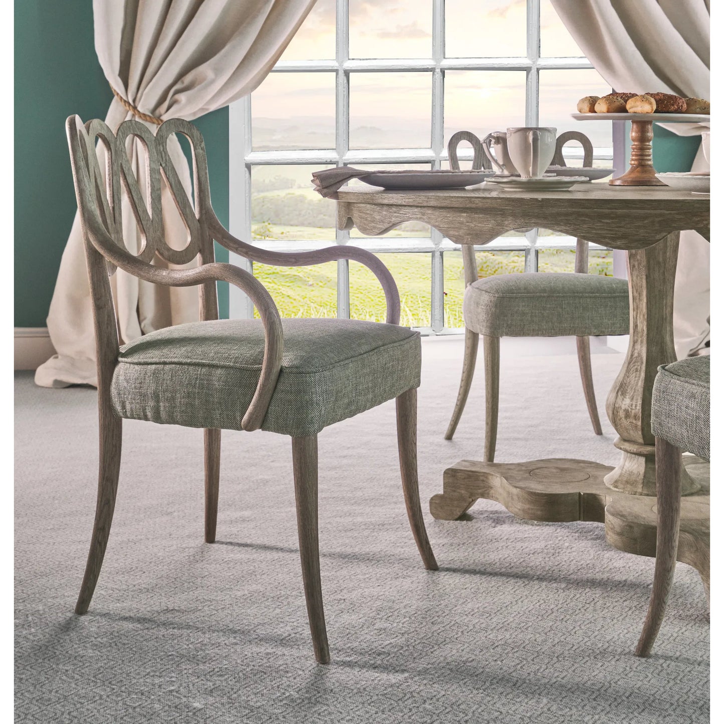 009 SI-2186346 | Lifestyle | Ampney Arm Chair (Set of 2) by Jonathan Charles in light brown and washed grey oak. Made from oak, foam, fabric in a traditional style.