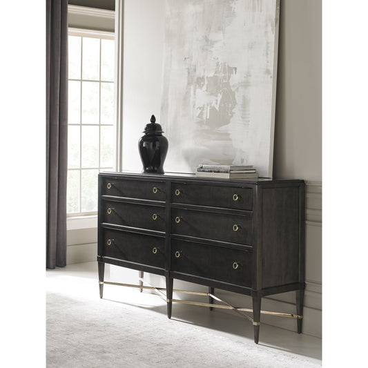 Masterpiece Dresser by Caracole in charcoal and charcoal anegre, whisper of gold, seal skin. Made from birch, figured anegre in a transitional style.