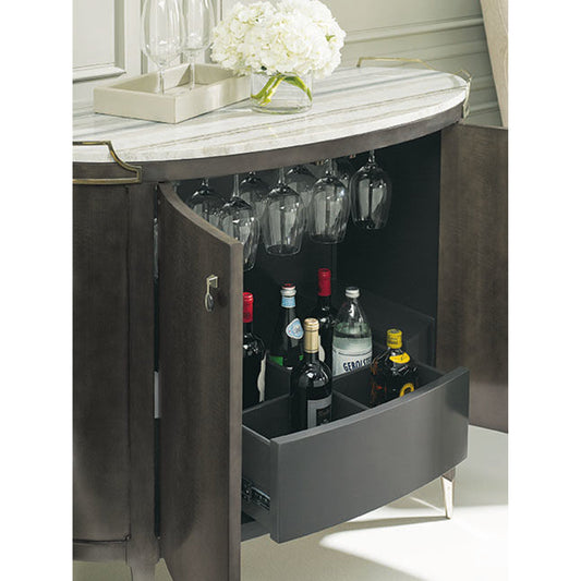Mix-Ology Bar by Caracole in charcoal and charcoal anegre, whisper of gold. Made from birch, figured anegre, maple in a transitional style.
