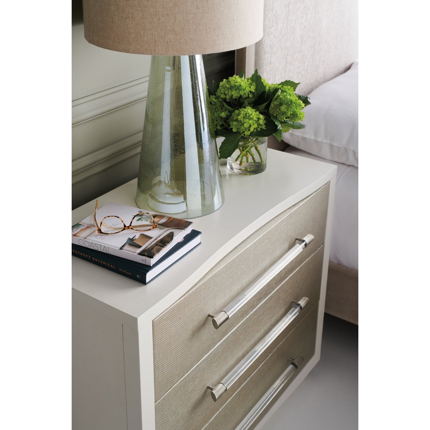 006 SI-1756615 | Lifestyle | A Clear Touch Nightstand by Caracole in silver, acrylic, nickel and sun kissed silver, satin nickel. Made from ash, raffia in a modern style.