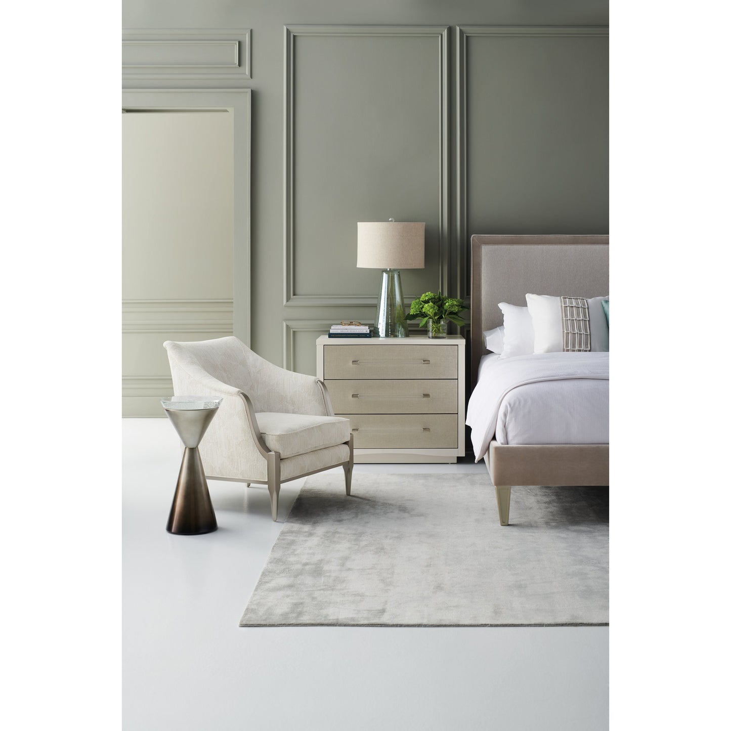 004 SI-1756615 | Lifestyle | A Clear Touch Nightstand by Caracole in silver, acrylic, nickel and sun kissed silver, satin nickel. Made from ash, raffia in a modern style.