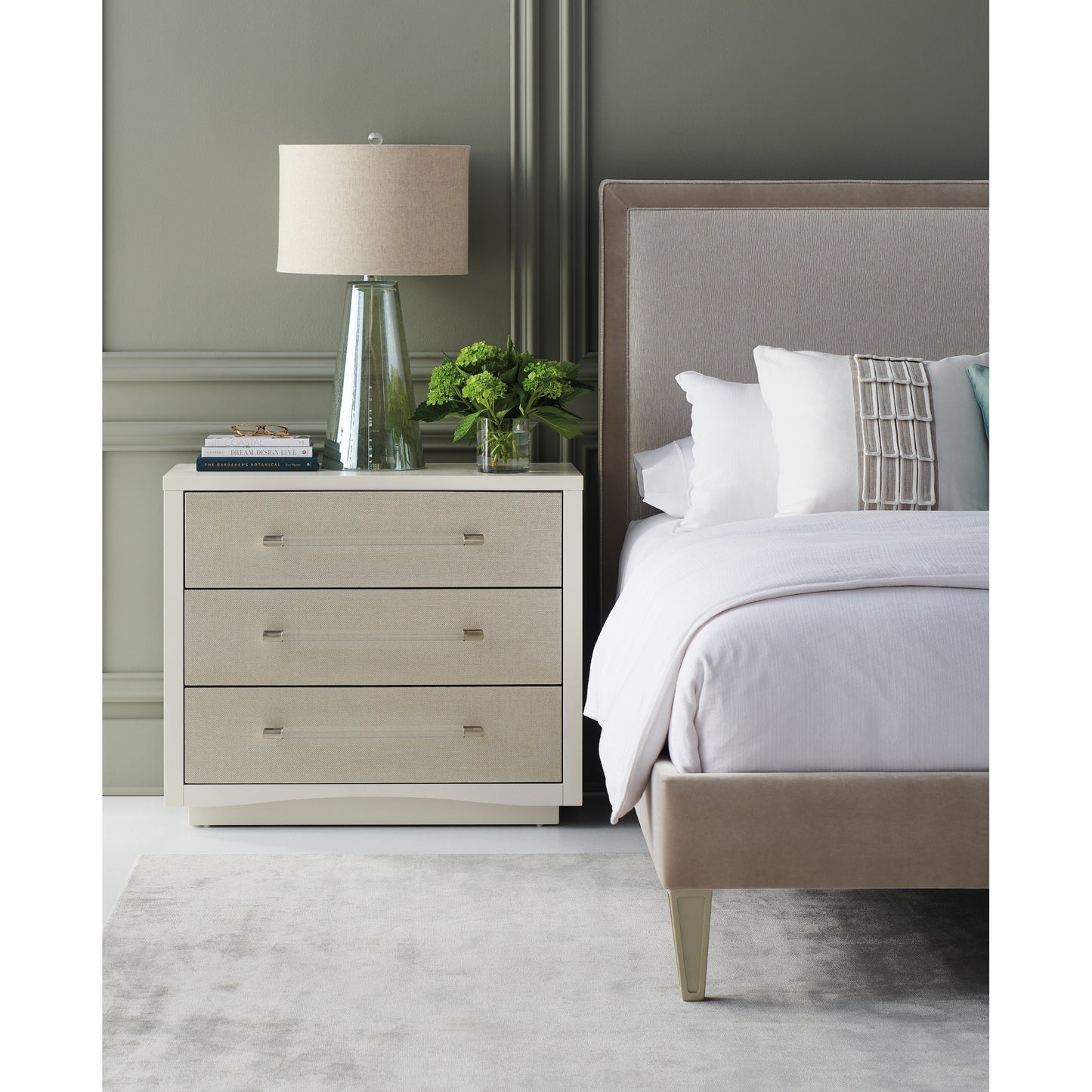 005 SI-1756615 | Lifestyle | A Clear Touch Nightstand by Caracole in silver, acrylic, nickel and sun kissed silver, satin nickel. Made from ash, raffia in a modern style.