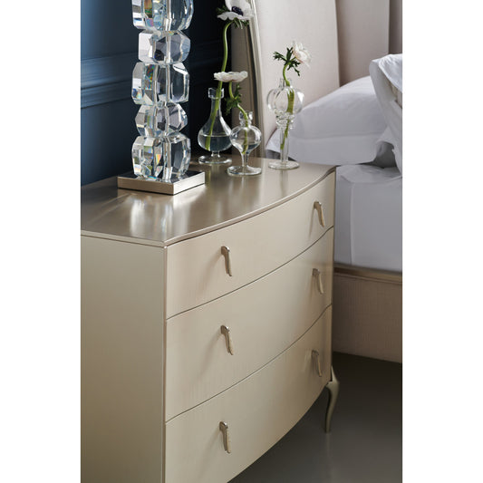 Good Impression Nightstand by Caracole in cream, silver and soft silver, vanilla cream. Made from asian hardwood, figured sycamore in a transitional style.