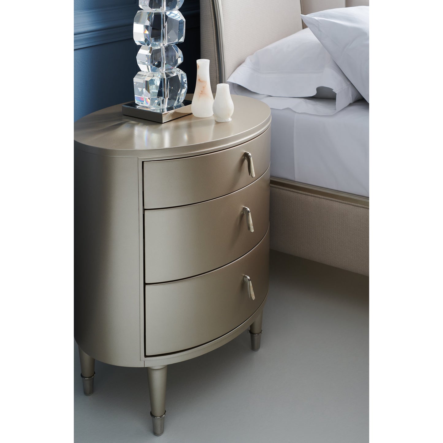005 SI-1756626 | Lifestyle | Bedside Beauty Nightstand by Caracole in silver, steel and soft silver. Made from asian hardwood in a transitional style.