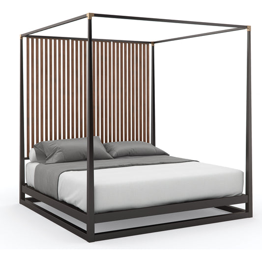 Pinstripe Canopy Bed by Caracole in walnut, dark chocolate, champagne gold and rich walnut, dark chocolate. Made from birch, walnut in a modern style.