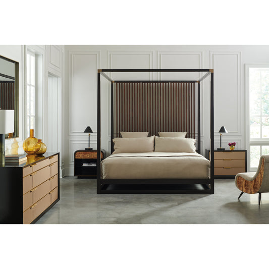 Pinstripe Canopy Bed by Caracole in walnut, dark chocolate, champagne gold and rich walnut, dark chocolate. Made from birch, walnut in a modern style.