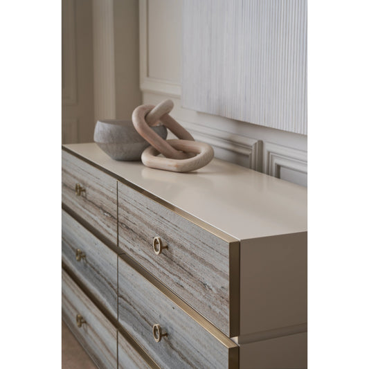 Bedrock Dresser by Caracole in almond milk, champagne gold. Made from poplar, stone in a modern style.
