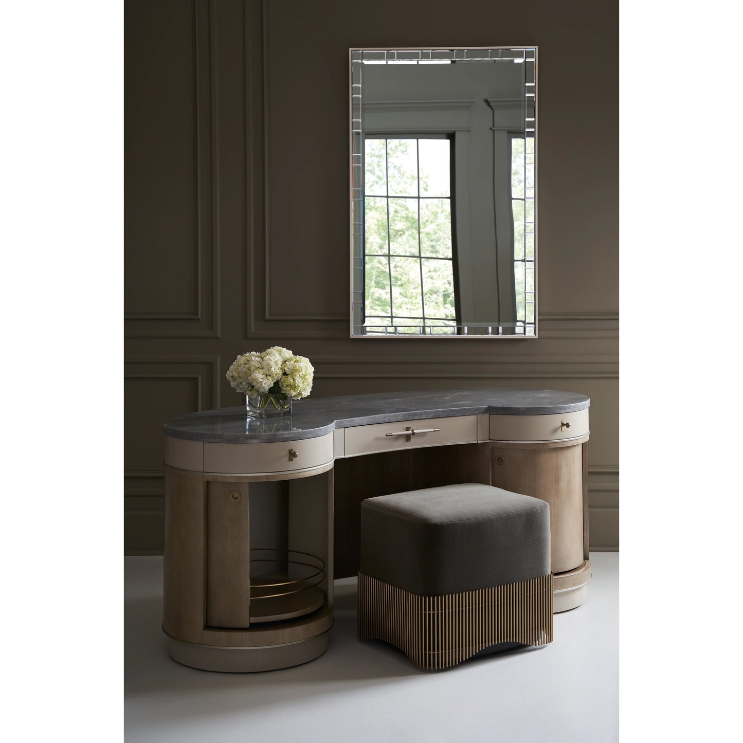 009 SI-2095916 | Lifestyle | Vanity Fair by Caracole in dry martini, cloud, charcoal leaf, brushed gold. Made from poplar, marble, koto in a modern style.