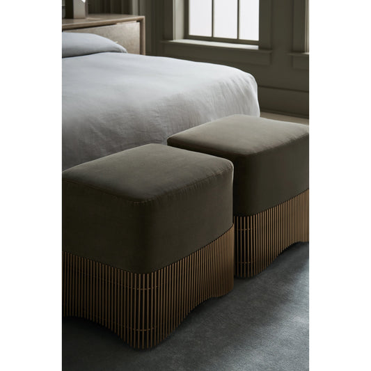 Petit Four Ottoman by Caracole in moss green and dark chocolate, brushed gold. Made from poplar in a modern style.