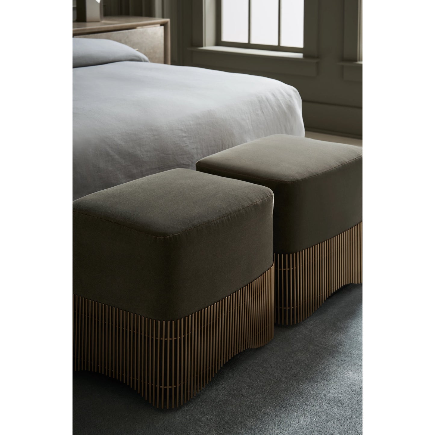 004 SI-2095918 | Lifestyle | Petit Four Ottoman by Caracole in moss green and dark chocolate, brushed gold. Made from poplar in a modern style.