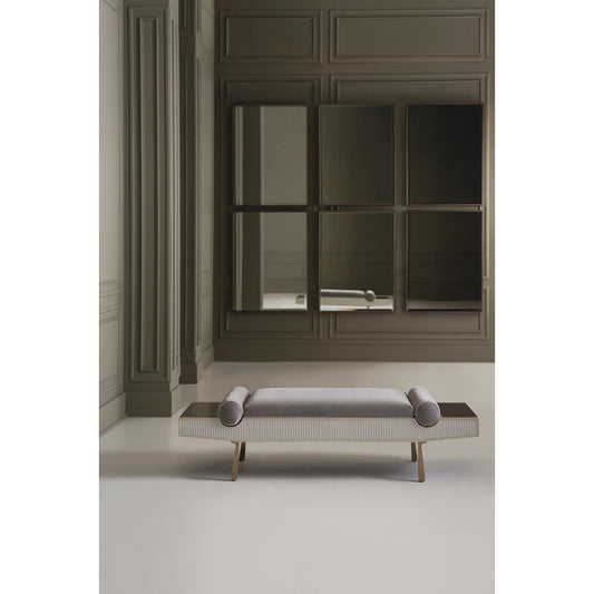 Roll Play Bench by Caracole in grey and champagne pearl. Made from poplar in a transitional style.