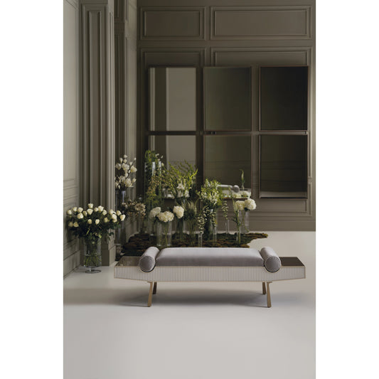 Roll Play Bench by Caracole in almond milk, champagne pearl, brushed gold. Made from poplar in a modern style.