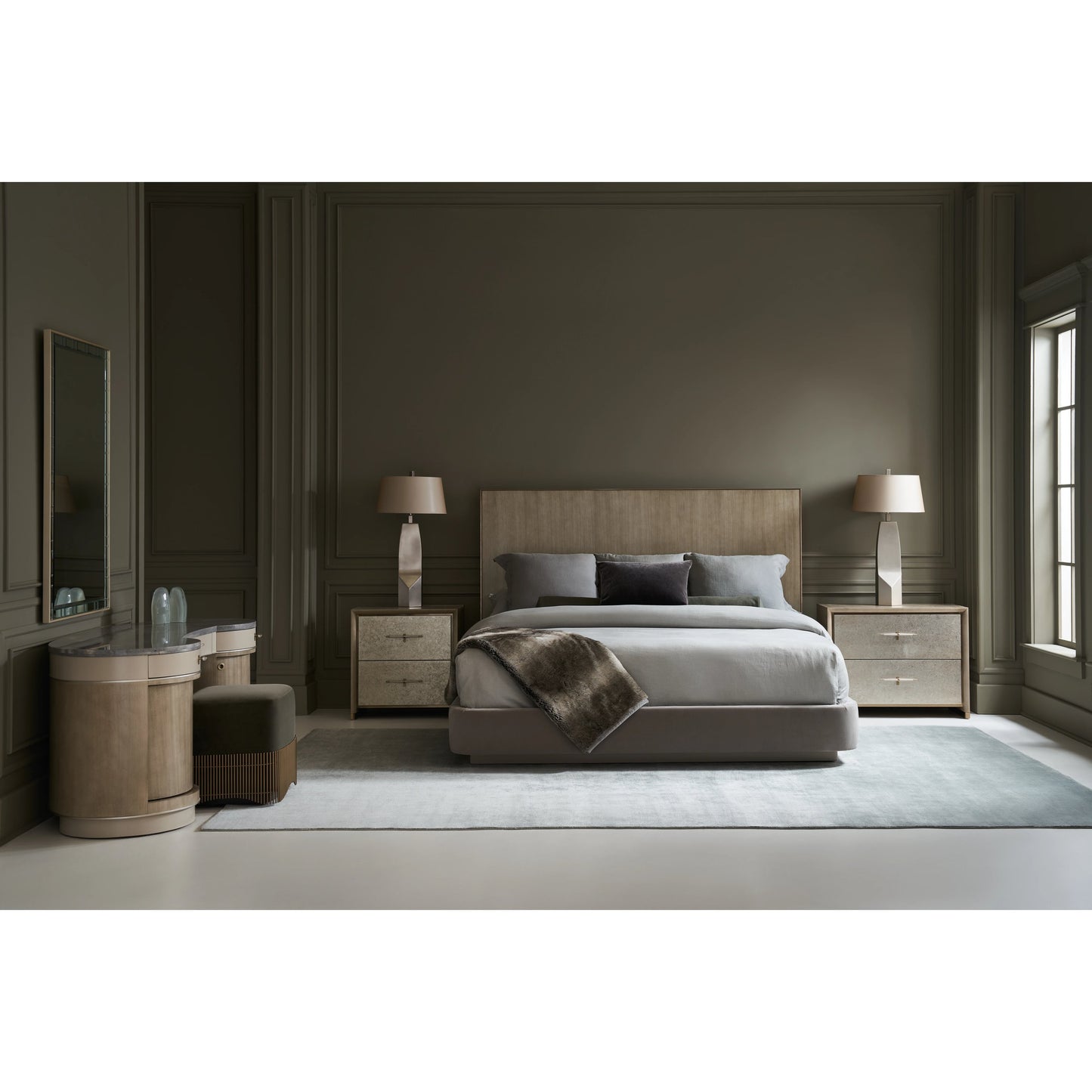 008 SI-2095926 | Lifestyle | Dream Chaser Bed by Caracole in dry martini, cloud, brushed gold. Made from poplar, koto in a modern style.