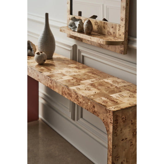 Cabaret Console Table by Caracole in mappa burl, rouge red. Made from asian hardwood, mappa burl in a modern style.