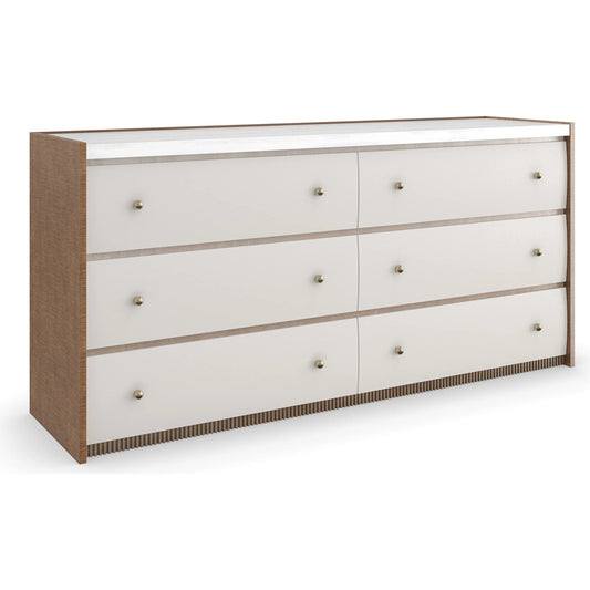 Avignon Dresser by Caracole in burnished adobe, toasted sycamore, antique bronze leaf. Made from acacia, stone, sycamore in a transitional style.