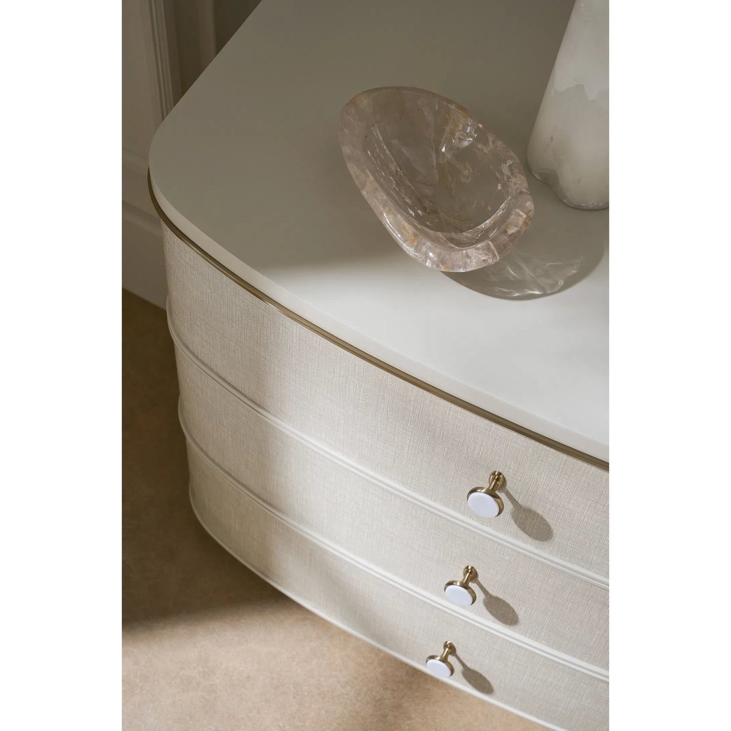 057 SI-2193784 | Lifestyle | Lyon Nightstand by Caracole in almond milk, brushed gold. Made from acacia, metal in a transitional style.