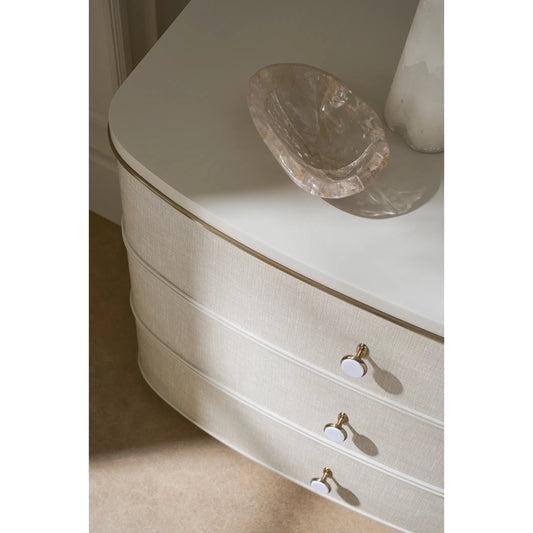 Lyon Nightstand by Caracole in almond milk, brushed gold. Made from acacia, metal in a transitional style.