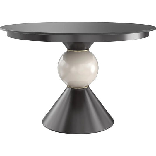 Chalice Dining Table by Caracole in almost black, brushed gold. Made from asian hardwood, acacia, glass, ceramic, metal in a modern style.
