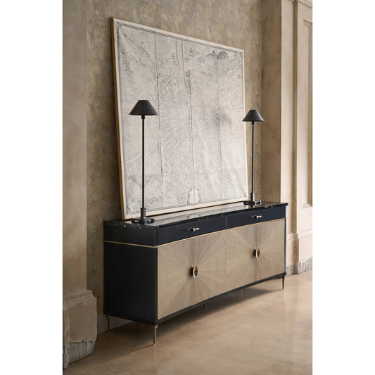 Noir Sideboard by Caracole in almost black, gray gables, brushed gold. Made from asian hardwood, stone, metal, elegant tiger maple in a modern style.