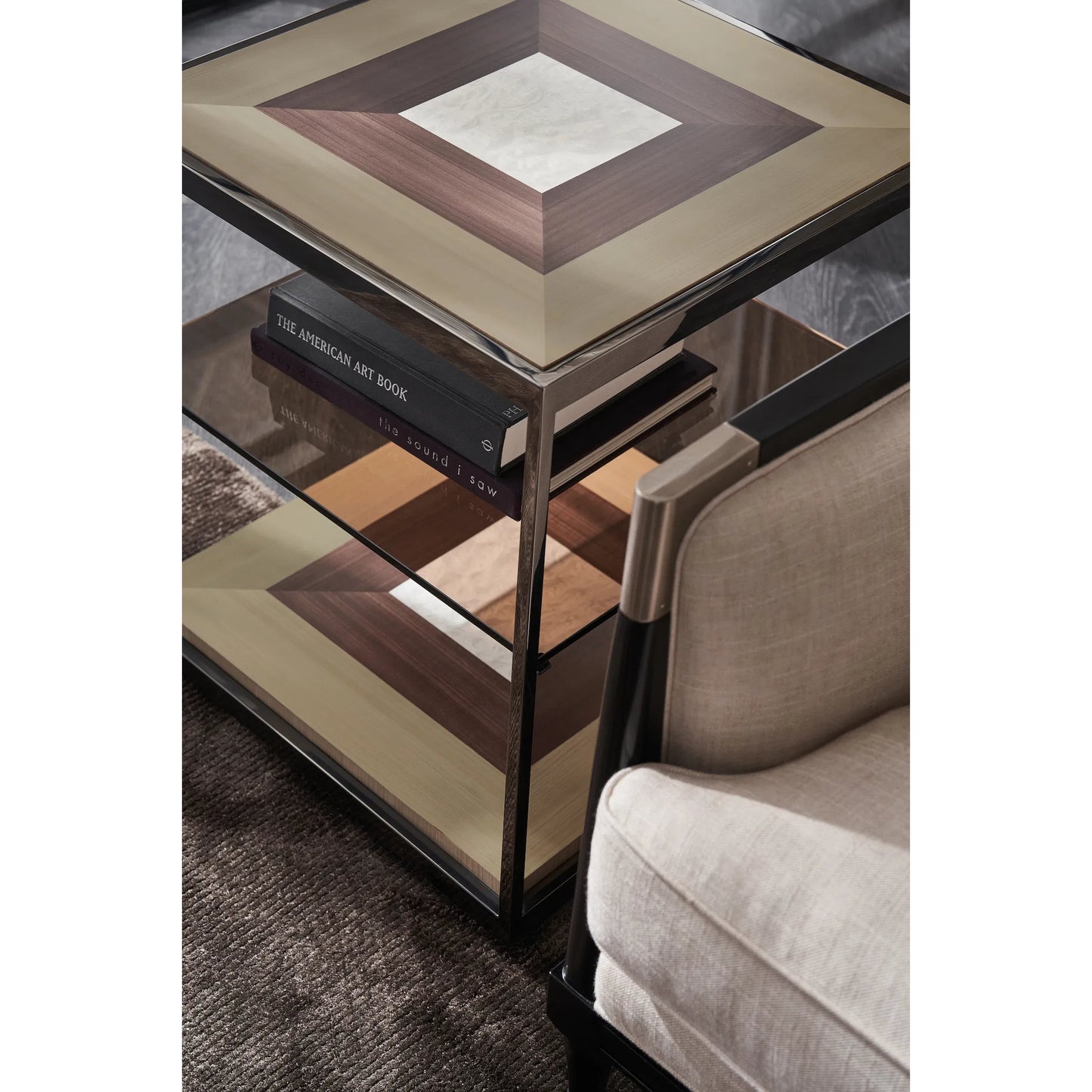 004 SI-2193810 | Lifestyle | Impossible Cube End Table by Caracole in brushed deep bronze, otter, woodland gray, dreamy burl, almost black. Made from poplar, metal, glass, dyed tupelo, japanese sen, madrona burl in a unique style.